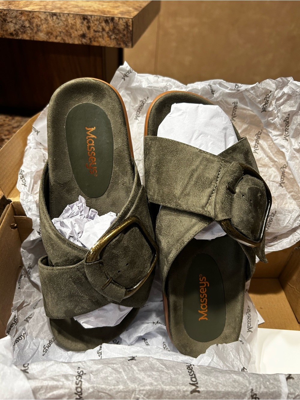 Olive Green Suede Slide Sandals with Buckle
